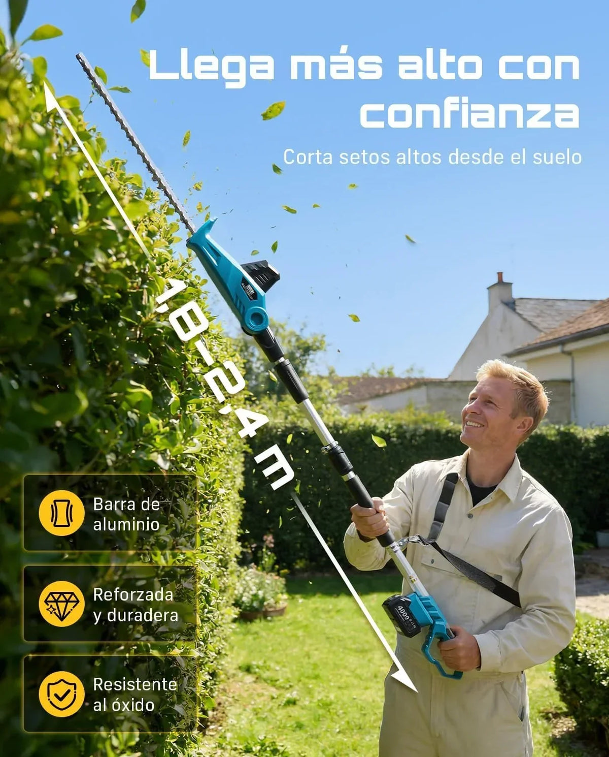 SEESII Cortasetos Telescópico Batería 20V, Cuchilla 50 cm, 2 Baterías 4,0Ah
