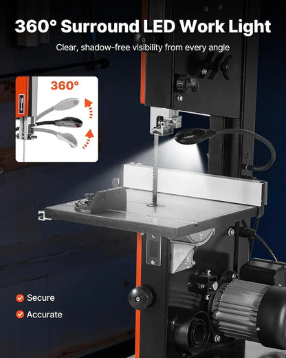 VEVOR Sierra de Cinta, Ancho de Corte de 254 mm, 2 Velocidades, Motor de 373 W, Altura de Corte de 160 mm, Mesa de Hierro Fundido de 335 x 340 mm, Luz de Trabajo de 360 Grados, para Carpintería