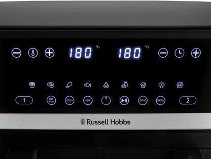Russell Hobbs freidora de aire, freidora sin aceite, doble cesta 9 l, Air Fryer, ruido reducido, 9 programas, Rapid Air, máx. 200 °C, táctil, cestos aptos para lavavajillas, 2800 W, Satisfry 27681-56