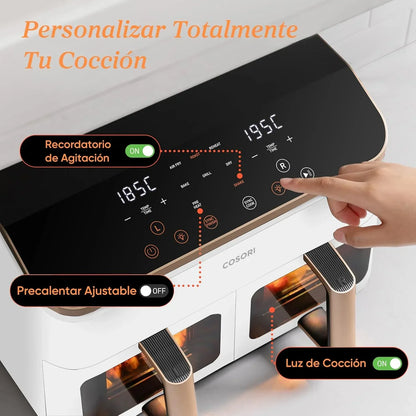 Cosori Freidora de Aire 8,5L, Doble Cesta con Ventana, 10 Funciones, Blanca