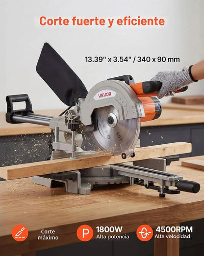 VEVOR Sierra Ingletadora Deslizante Compuesta 1800 W, Hoja de 254 mm, Ángulo y Profundidad de Corte Ajustables, Aluminio Fundido, Compacta y Pórtatil, Corte Multimaterial para Madera Metales Laminados
