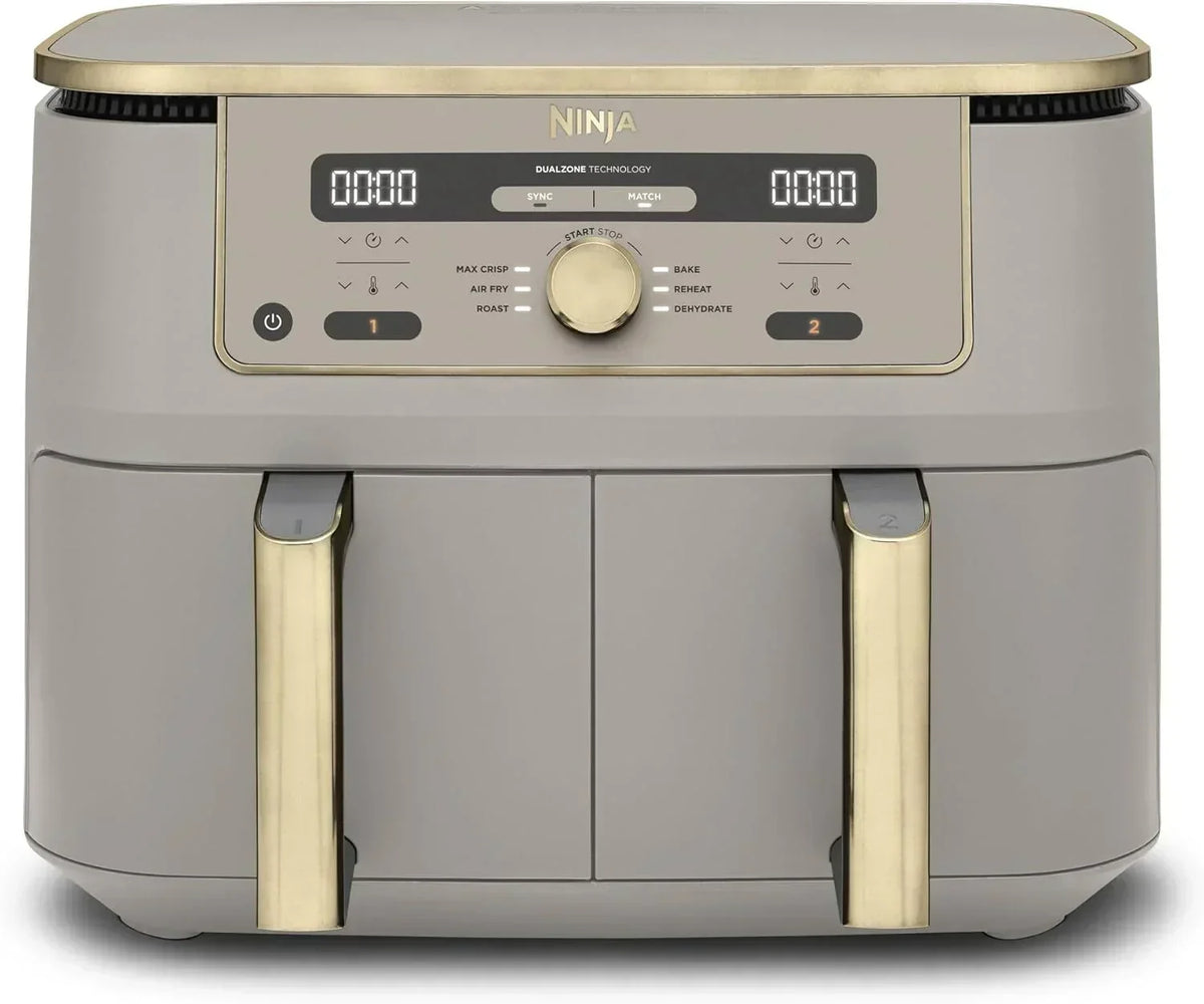Ninja MAX Oil Free Double Compartment Air Fryer with 2 Drawers, 9.5 Litre, Oil Free, Air Fry, Max Crisp, Roast, Bake, Reheat, Dehydrate, Non-Stick Baskets, Gold Stone, DZ400EUSTGD