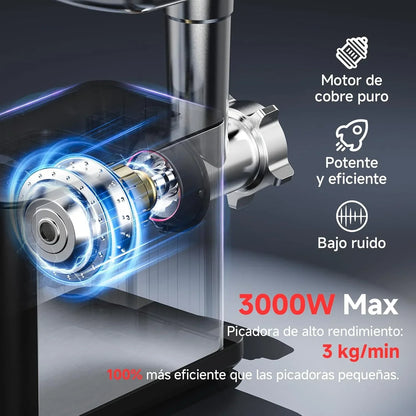 AAOBOSI Picadora De Carne Eléctrica [3000W Máx] - Con Pantalla LED y 9 Velocidades, Contenedor de Almacenamiento Incorporado - Incluye Accesorio de Rebanar, Embutidora y Kibbe - Para Uso Doméstico