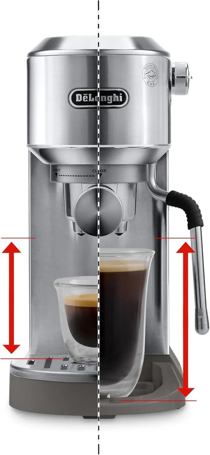 De'Longhi Dedica – Cafetera de Bomba de Acero Inoxidable para Café Molido o Monodosis, Espresso y Capuchino, Depósito de 1.3 Litros, Sistema Antigoteo, Modelo EC685.M, Color Metal