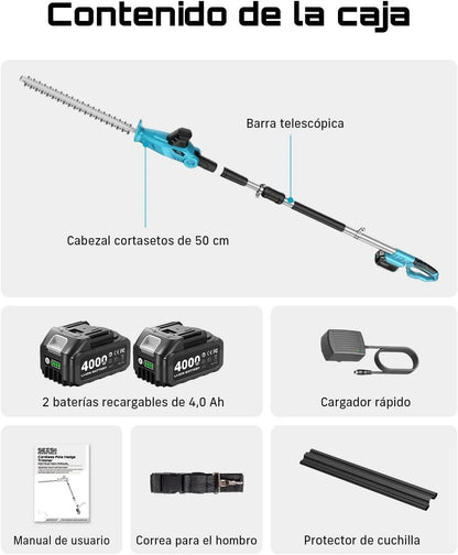 SEESII Cortasetos Telescópico Batería 20V, Cuchilla 50 cm, 2 Baterías 4,0Ah