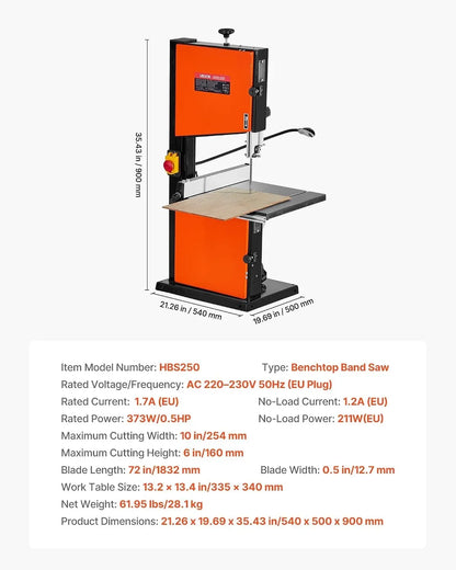 VEVOR Sierra de Cinta, Ancho de Corte de 254 mm, 2 Velocidades, Motor de 373 W, Altura de Corte de 160 mm, Mesa de Hierro Fundido de 335 x 340 mm, Luz de Trabajo de 360 Grados, para Carpintería