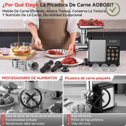 AAOBOSI Picadora De Carne Eléctrica [3000W Máx] - Con Pantalla LED y 9 Velocidades, Contenedor de Almacenamiento Incorporado - Incluye Accesorio de Rebanar, Embutidora y Kibbe - Para Uso Doméstico