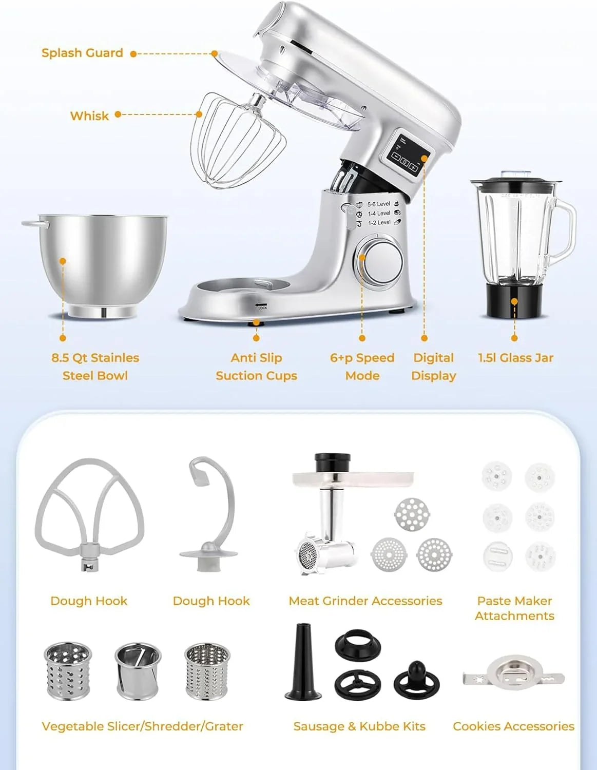 Batidora de pie de 8 l - Batidora eléctrica de cocina con pantalla LED, 6 velocidades, cabezal inclinable, recipiente de acero inoxidable, incluye picadora de carne, gancho para masa, batido
