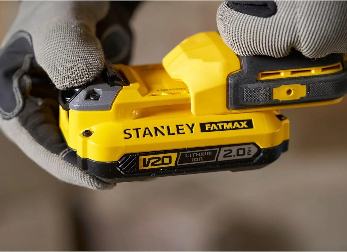 STANLEY FATMAX SFMCD711DSA-QW - Taladro Percutor 18V, Gama V20, 2 velocidades, Luz LED, Incl. juego de brocas y 50 piezas, 2 baterías recargables de 2,0 Ah, cargador y bolsa de herramientas