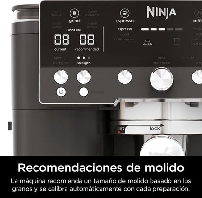 Ninja Luxe Premier Cafetera 3 en 1 para Espresso, Cold Brew y Café de Filtro con Molinillo y Espumador Integrados - 25 Ajustes de Molienda y 4 Preajustes de Espuma - Negro, ES601EUBK