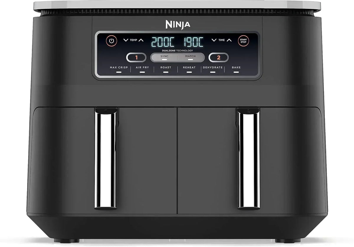 Ninja MAX Oil Free Double Compartment Air Fryer with 2 Drawers, 9.5 Litre, Oil Free, Air Fry, Max Crisp, Roast, Bake, Reheat, Dehydrate, Non-Stick Baskets, Gold Stone, DZ400EUSTGD