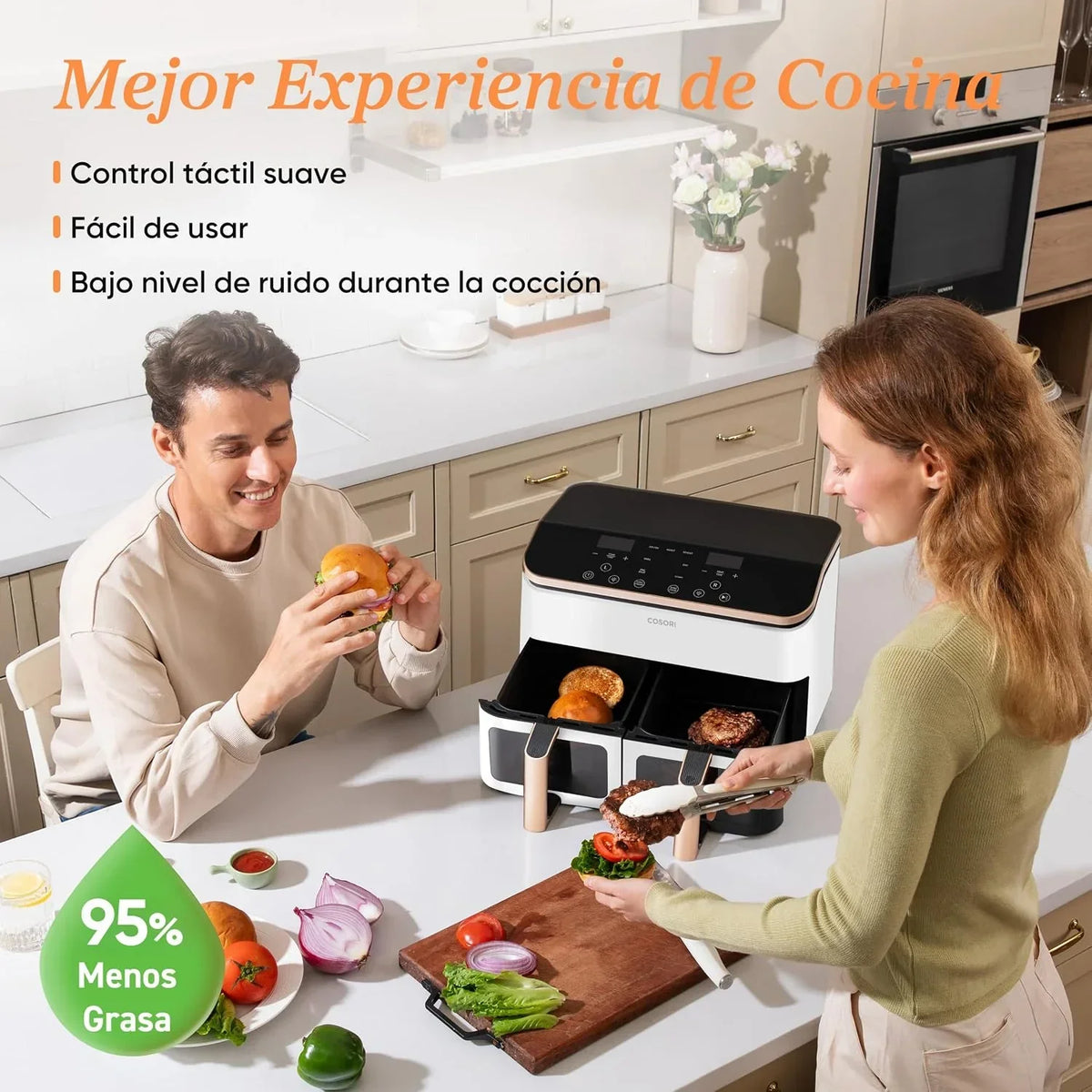 Cosori Freidora de Aire 8,5L, Doble Cesta con Ventana, 10 Funciones, Blanca