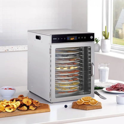 VEVOR Deshidratador de Alimentos 12 Bandejas de Acero Inoxidable Secador de Alimentos Eléctrico 800 W con Temperatura Ajustable y Temporizador de 24 Horas para Cecina, Frutas, Verduras, Hierbas