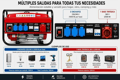 SVE Generador Eléctrico Gasolina 15L 5500W 230/380V 4 ENCHUFES (2500W Trifásico 3000W Monofásico) Motor 4 Tiempos