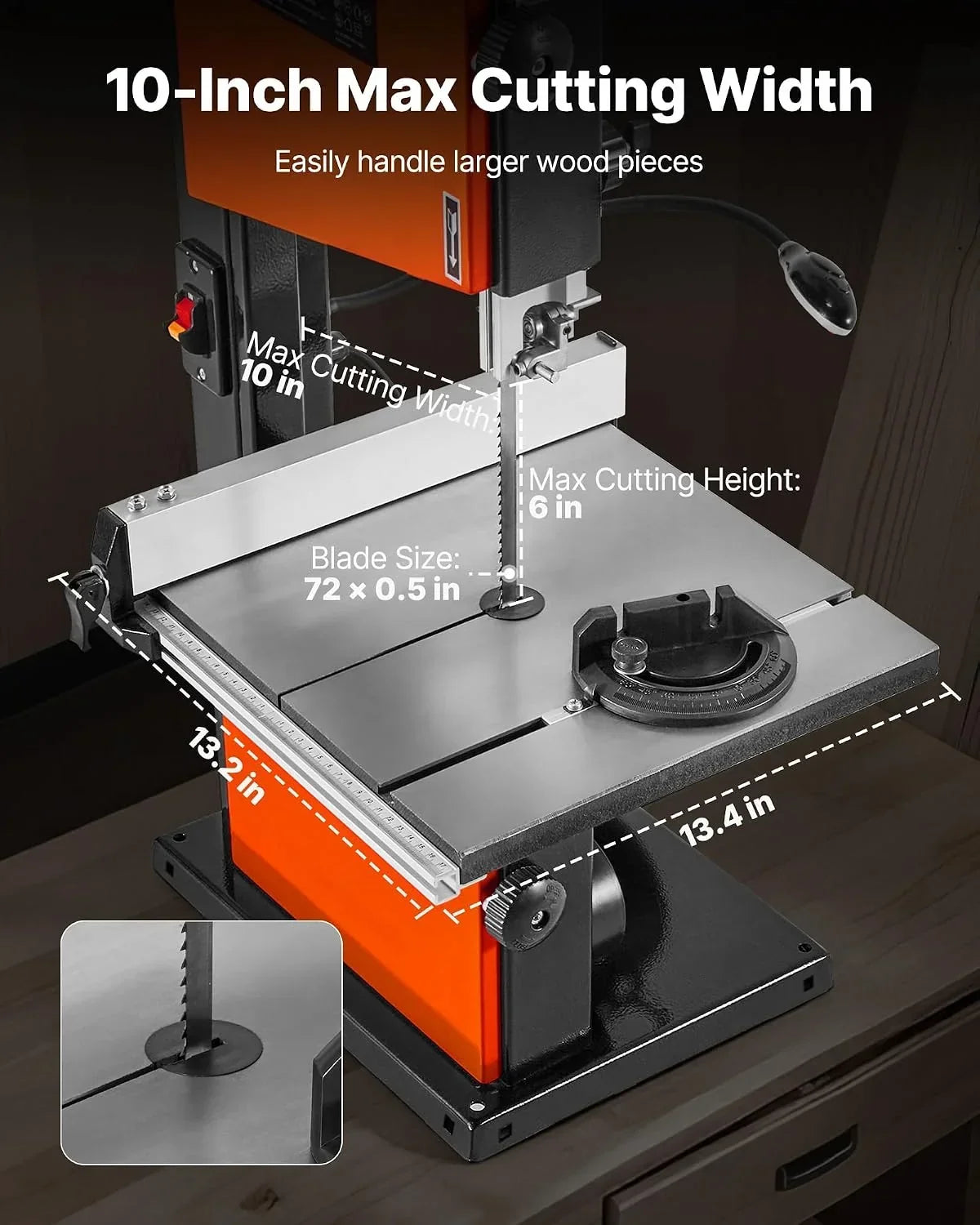 VEVOR Sierra de Cinta, Ancho de Corte de 254 mm, 2 Velocidades, Motor de 373 W, Altura de Corte de 160 mm, Mesa de Hierro Fundido de 335 x 340 mm, Luz de Trabajo de 360 Grados, para Carpintería