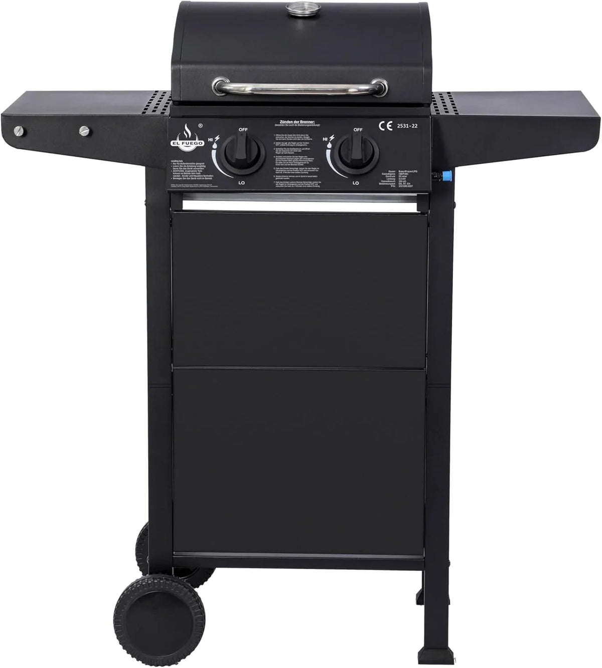 Grill gazowy "San Jose 2 palniki" firmy El Fuego®, w zestawie wąż gazowy i reduktor ciśnienia, ruszt do grillowania z żeliwa, z termometrem i dużymi półkami bocznymi, grill BBQ | AY0204