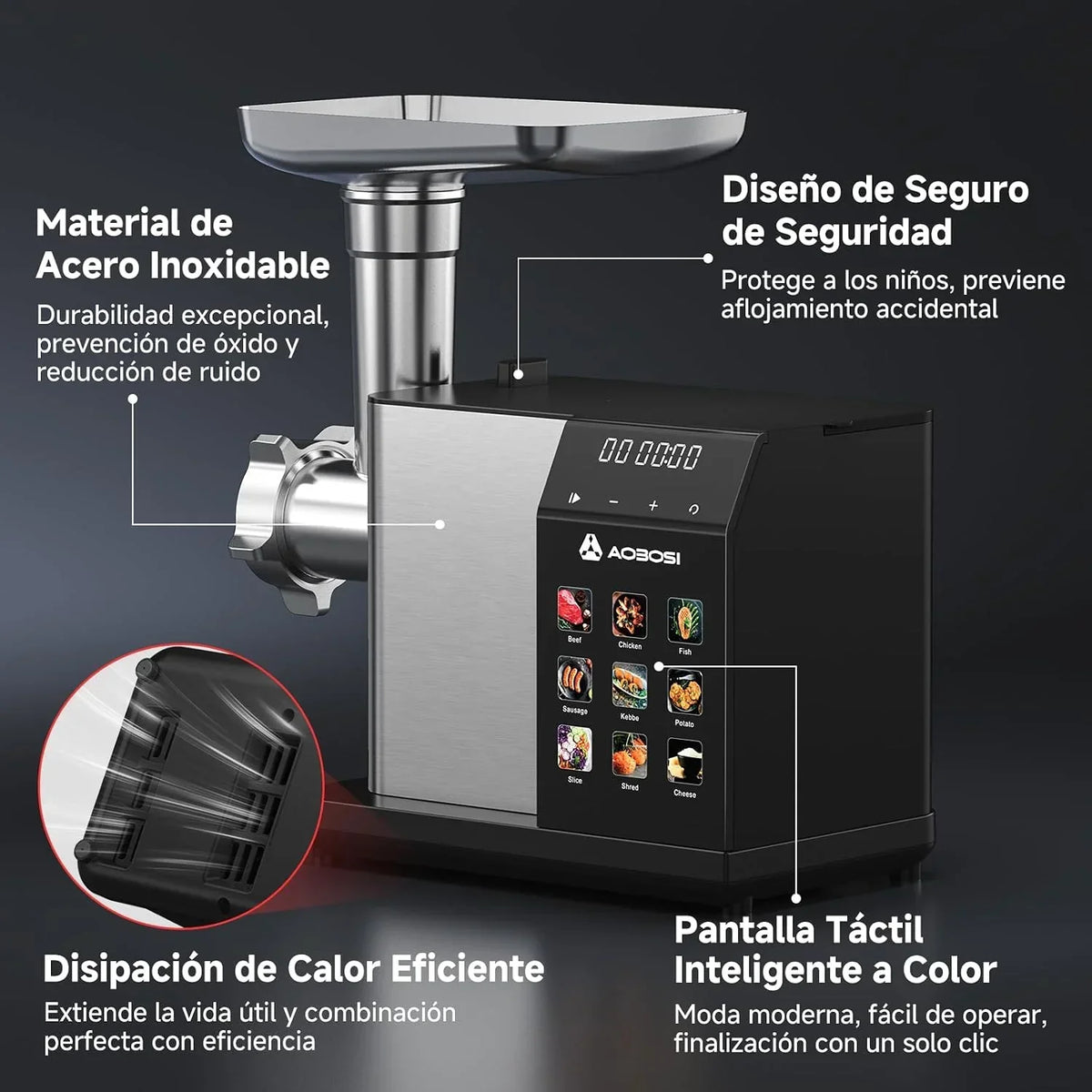 AAOBOSI Picadora De Carne Eléctrica [3000W Máx] - Con Pantalla LED y 9 Velocidades, Contenedor de Almacenamiento Incorporado - Incluye Accesorio de Rebanar, Embutidora y Kibbe - Para Uso Doméstico