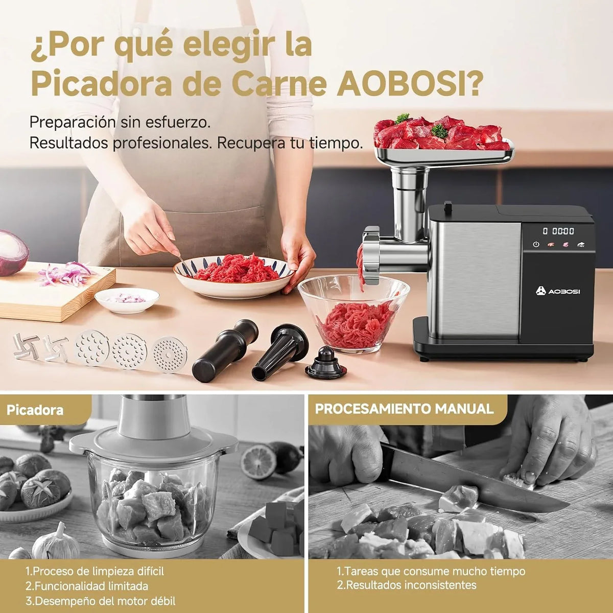 AAOBOSI Picadora De Carne Eléctrica [3000W MAX] Con Pantalla LED, 3 Velocidades, Picadora De Carne Con Sistema Anti-Atascos,Almacenamiento Integrado, Puede Hacer Salchichas & Kibbe, Ideal Para Hogar