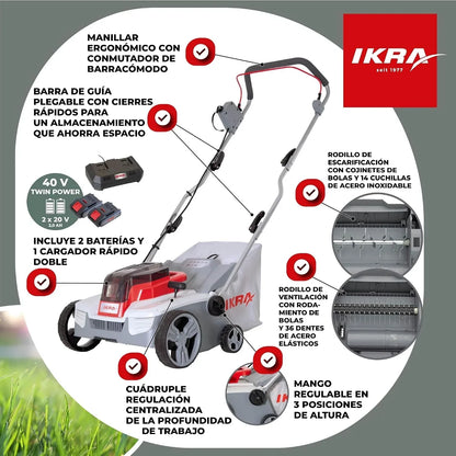 IKRA escarificador y aireador a batería 3 en 1 IAVL 2-2032, Ancho 32 cm