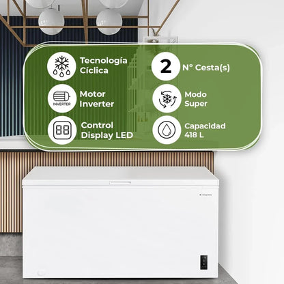 Aspes Congelador Horizontal Blanco ACHH4500EDC. Capacidad 418 Litros, Dual Cooling, 2 Cestas, Bajo Nivel Sonoro, Eficiencia Energética Clase E