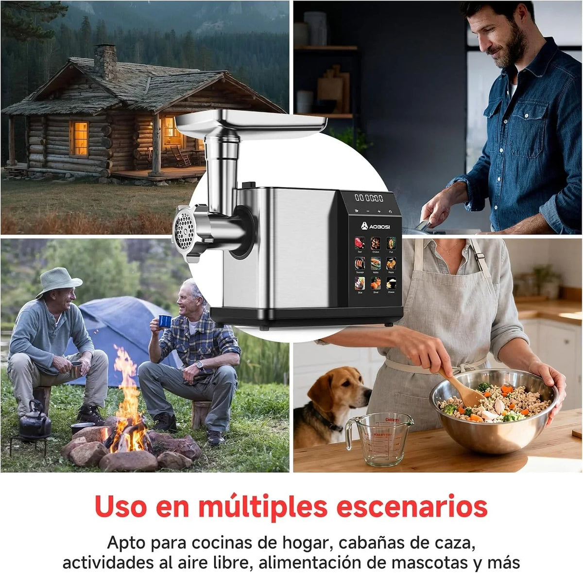 AAOBOSI Picadora De Carne Eléctrica [3000W Máx] - Con Pantalla LED y 9 Velocidades, Contenedor de Almacenamiento Incorporado - Incluye Accesorio de Rebanar, Embutidora y Kibbe - Para Uso Doméstico