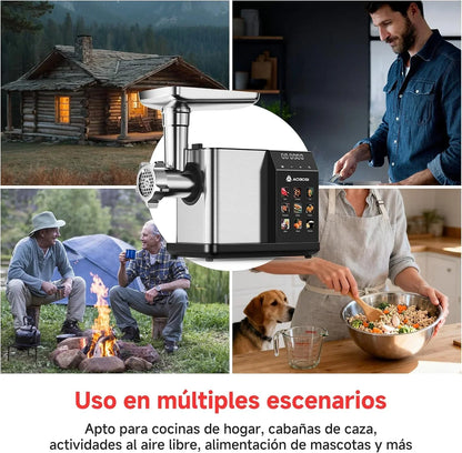 AAOBOSI Picadora De Carne Eléctrica [3000W Máx] - Con Pantalla LED y 9 Velocidades, Contenedor de Almacenamiento Incorporado - Incluye Accesorio de Rebanar, Embutidora y Kibbe - Para Uso Doméstico