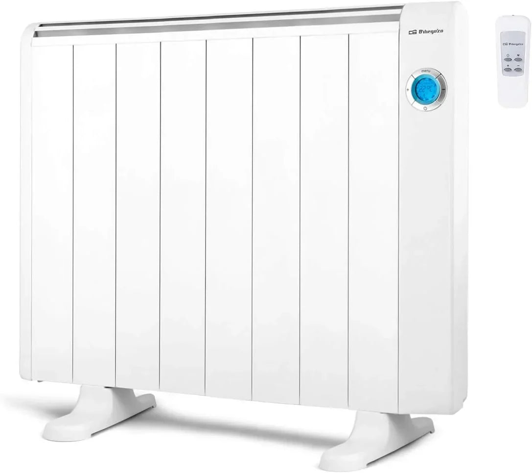 Orbegozo RRE 1510, Emisor térmico bajo consumo, 1500 W, 8 elementos reales, aluminio, mando a distancia, funcionamiento programable,botón de desconexión total, pared o pie, color blanco