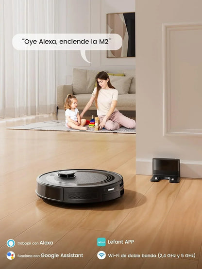 Lefant M2 Robot Aspirador y Fregasuelos 2 en 1, 6000Pa, 160min Automático, Navegación Láser, Evitación PSD, Limpieza Personalizada, Ideal para Limpiar Pelo de Mascotas y Suelos Duros