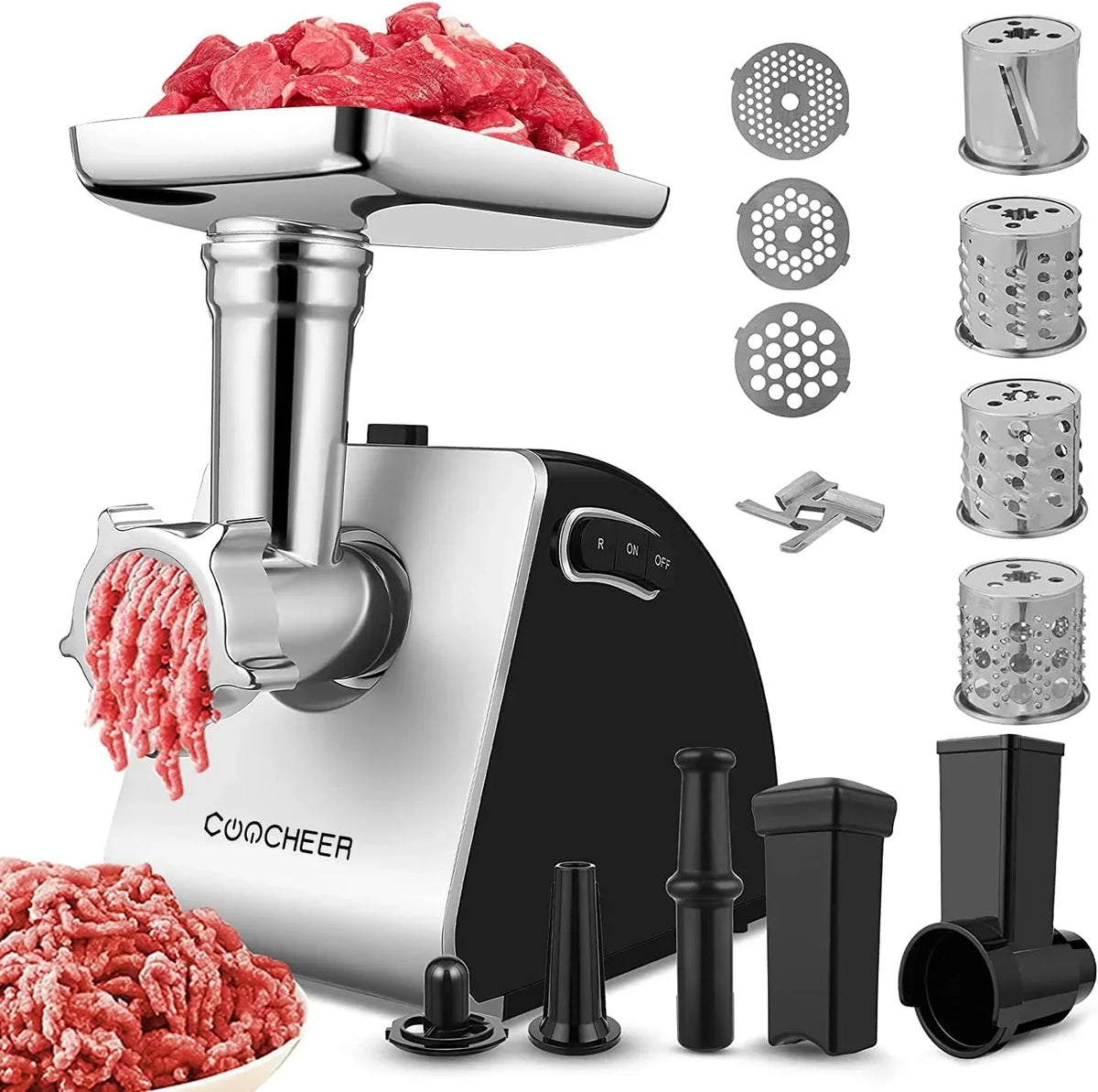 Nictemaw Picadora de carne eléctrica 5 en 1, multifunción, con 4 cuchillas y 3 placas de corte de acero inoxidable, para salchichas, otros accesorios para galletas, albóndigas, 2000 W máx