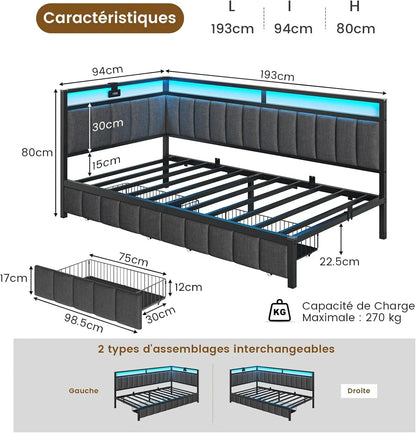 DICTAC Upholstered Bed Sofa Bed 90 x 190 cm with LED Lighting and USB Socket, Youth Beds with 2 Storage Drawers, Bed Frame 90 x 190 cm with Metal Slatted Base, Dark Grey