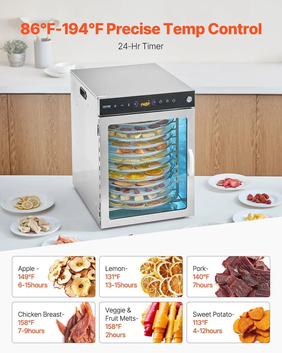 VEVOR Deshidratador de Alimentos 12 Bandejas de Acero Inoxidable Secador de Alimentos Eléctrico 800 W con Temperatura Ajustable y Temporizador de 24 Horas para Cecina, Frutas, Verduras, Hierbas
