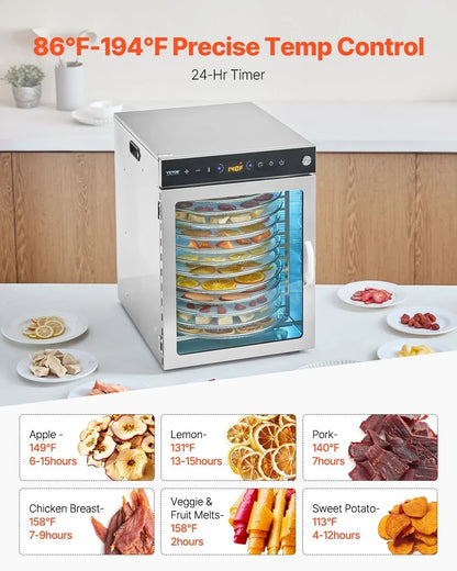 VEVOR Deshidratador de Alimentos 12 Bandejas de Acero Inoxidable Secador de Alimentos Eléctrico 800 W con Temperatura Ajustable y Temporizador de 24 Horas para Cecina, Frutas, Verduras, Hierbas
