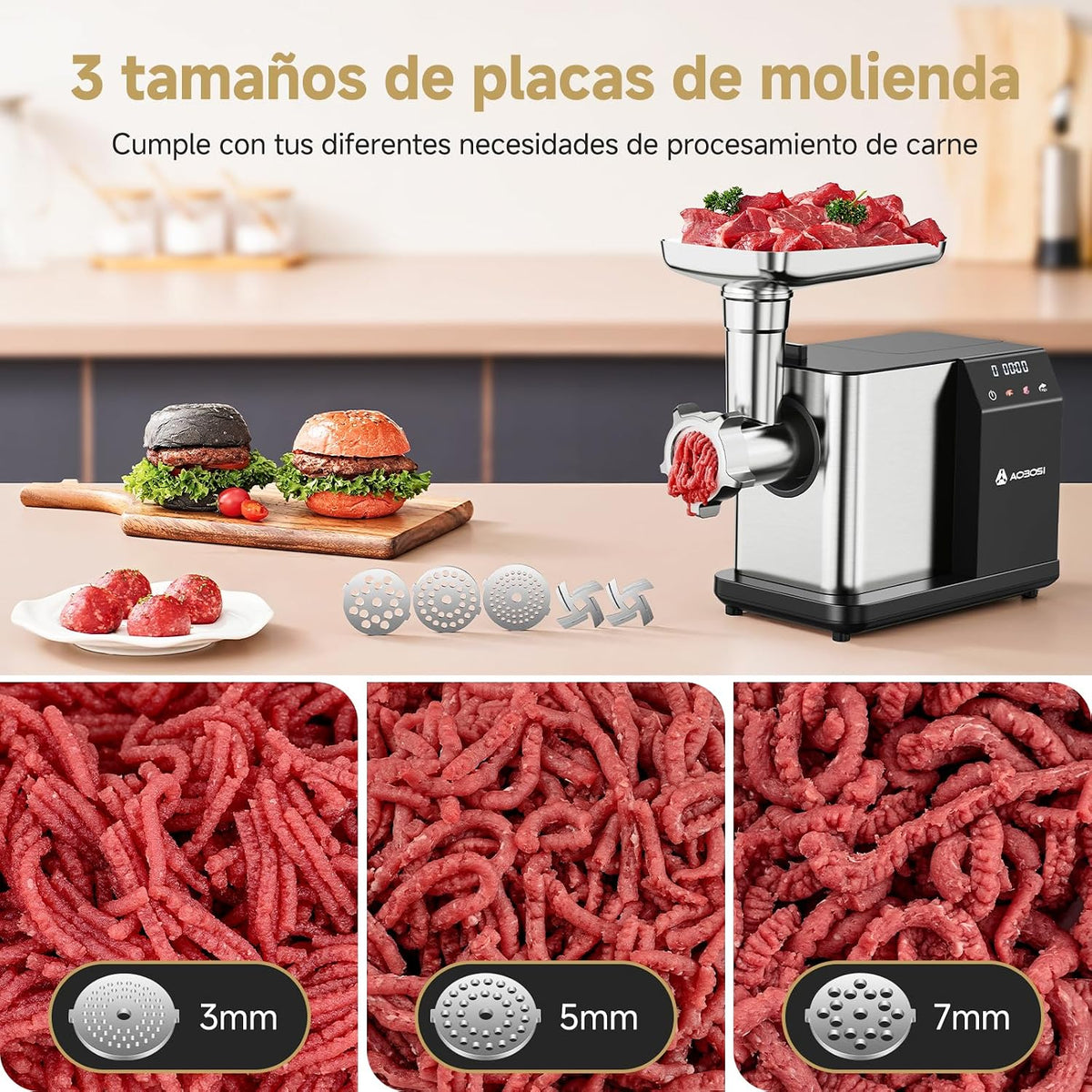 AAOBOSI Picadora De Carne Eléctrica [3000W MAX] Con Pantalla LED, 3 Velocidades, Picadora De Carne Con Sistema Anti-Atascos,Almacenamiento Integrado, Puede Hacer Salchichas & Kibbe, Ideal Para Hogar