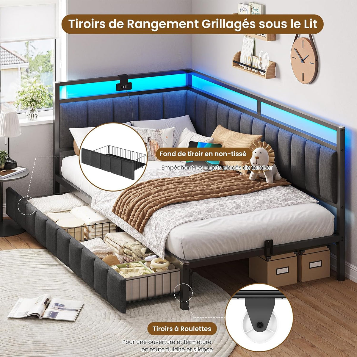 DICTAC Upholstered Bed Sofa Bed 90 x 190 cm with LED Lighting and USB Socket, Youth Beds with 2 Storage Drawers, Bed Frame 90 x 190 cm with Metal Slatted Base, Dark Grey