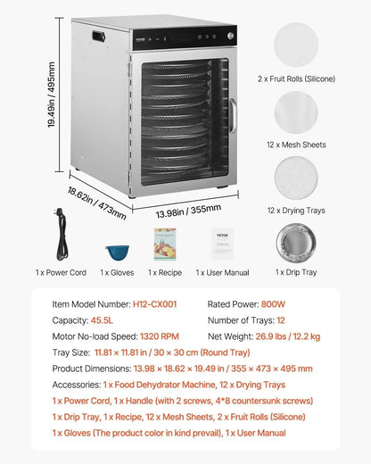 VEVOR Deshidratador de Alimentos 12 Bandejas de Acero Inoxidable Secador de Alimentos Eléctrico 800 W con Temperatura Ajustable y Temporizador de 24 Horas para Cecina, Frutas, Verduras, Hierbas