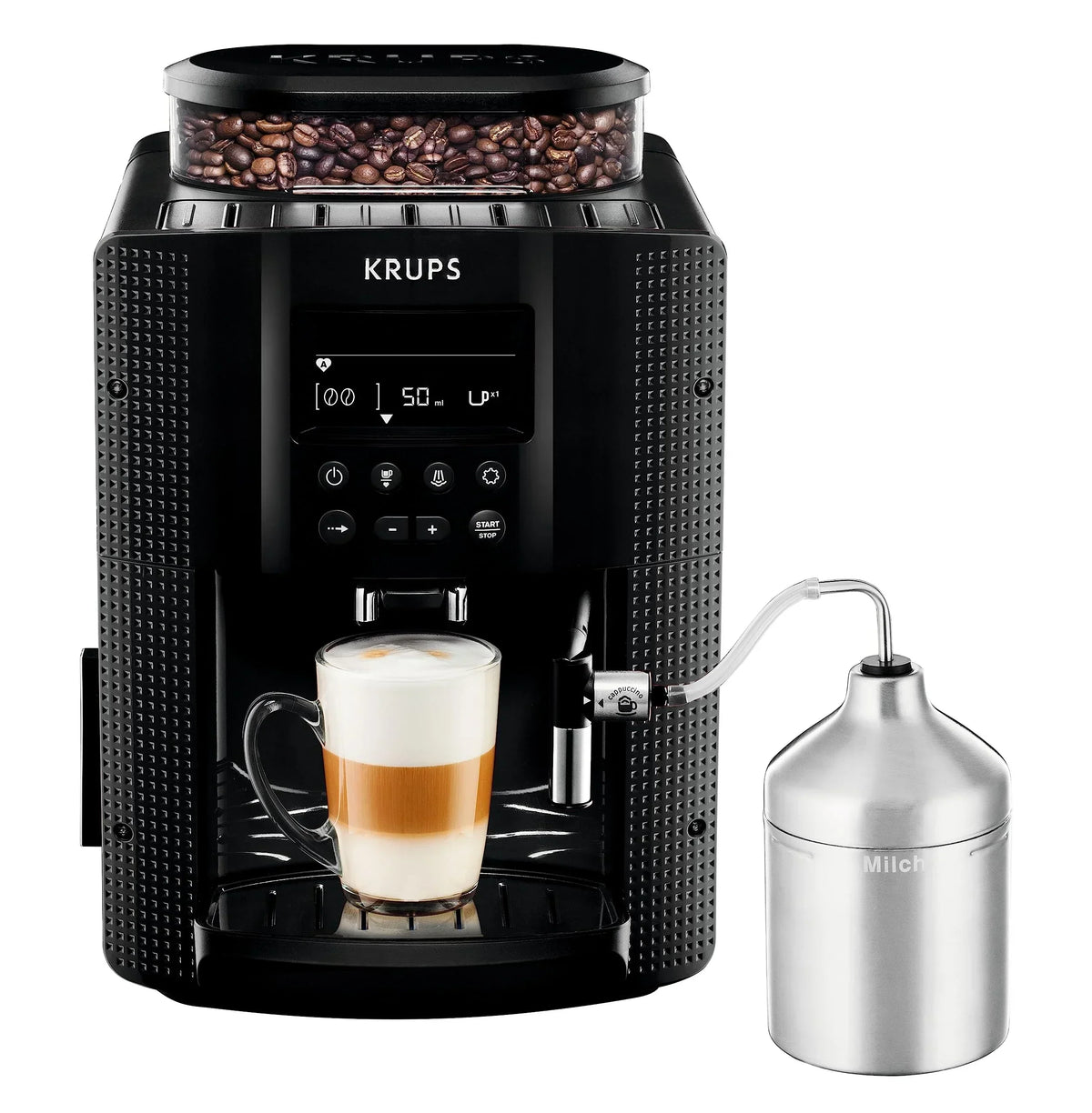 2025 Krups Essential - Cafetera súper automática, 15 Bares de presión, Molinillo cónico de Metal, con selección de cantidad e Intensidad de café, 1.7 l, 1 Cups, Acero, Pantalla LCD + Acc. Leche
