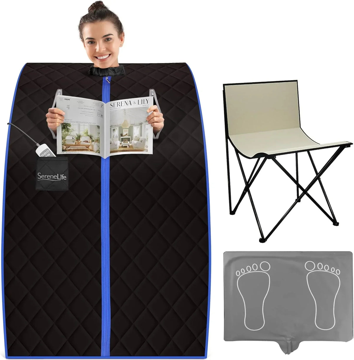 SereneLife sauna portátil, Infrarrojo, Para el hogar, Individual, Con almohadilla calefactora para los pies, Silla plegable