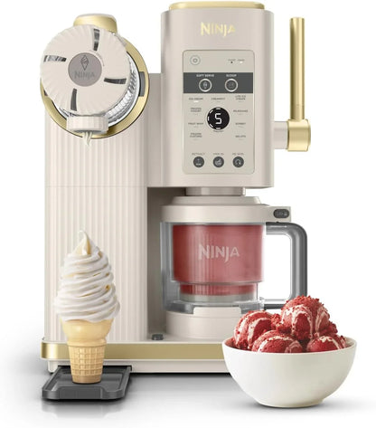 Ninja CREAMi Scoop and Swirl Maszyna do lodów z 2 pojemnikami, 13 funkcji, przygotowuje lody, lody włoskie, gelato, koktajle mleczne i inne desery, opcja dodatków, kamienne złoto, NC701EUSTGD