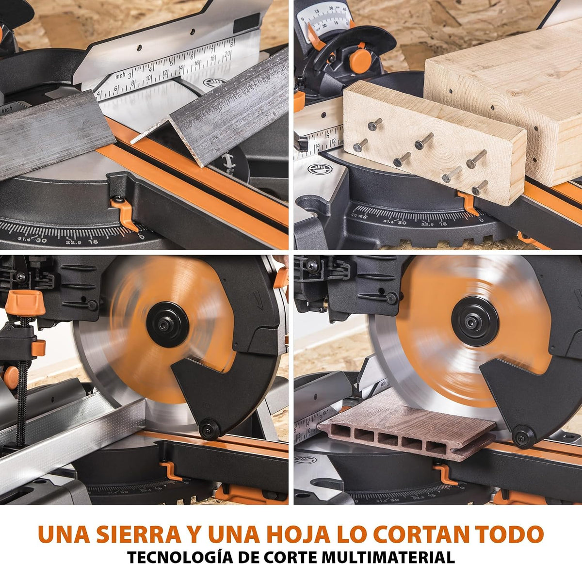 Evolution Power Tools R255SMS-DB ingletadora, Sierra ingletadora deslizante multimaterial de 255 mm, con doble bisel y paquete plus, hasta 300 mm x 90 mm, 5° a izquierda y derecha, inglete de 50°