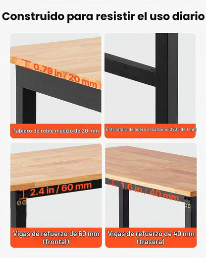 VEVOR Banco de Trabajo 122 x 60 cm, Mesa de Taller Altura Ajustable de 8 Niveles de 72,5-107,5 cm, Carga de 680 kg, Mesa de Madera Marco de Metal con Ruedas para Oficina, Garaje, Taller, Hogar