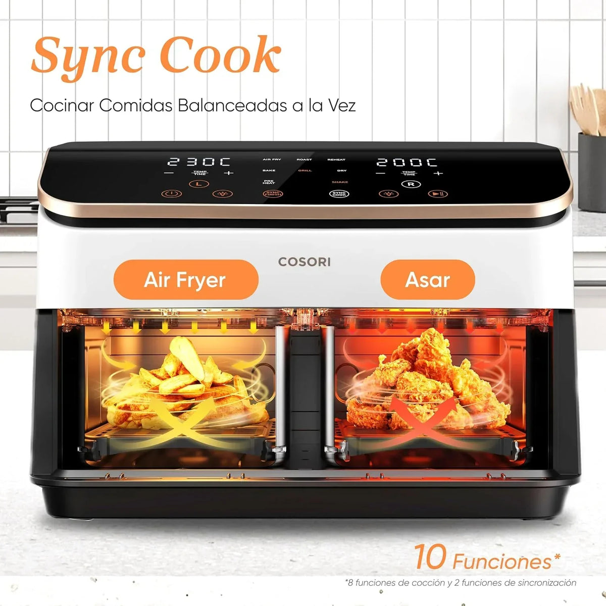 Cosori Freidora de Aire 8,5L, Doble Cesta con Ventana, 10 Funciones, Blanca