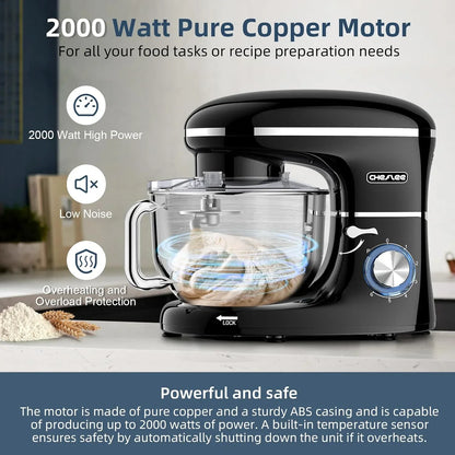 CHeflee Batidora Amasadora Profesional,2000W Amasadora Pan Repostería,6.2 L Bajo Ruido Robot de Cocina Multifunción,Gancho para Masa,Batidor Plano,Protección para Salpicaduras 6 Velocidades Batidora