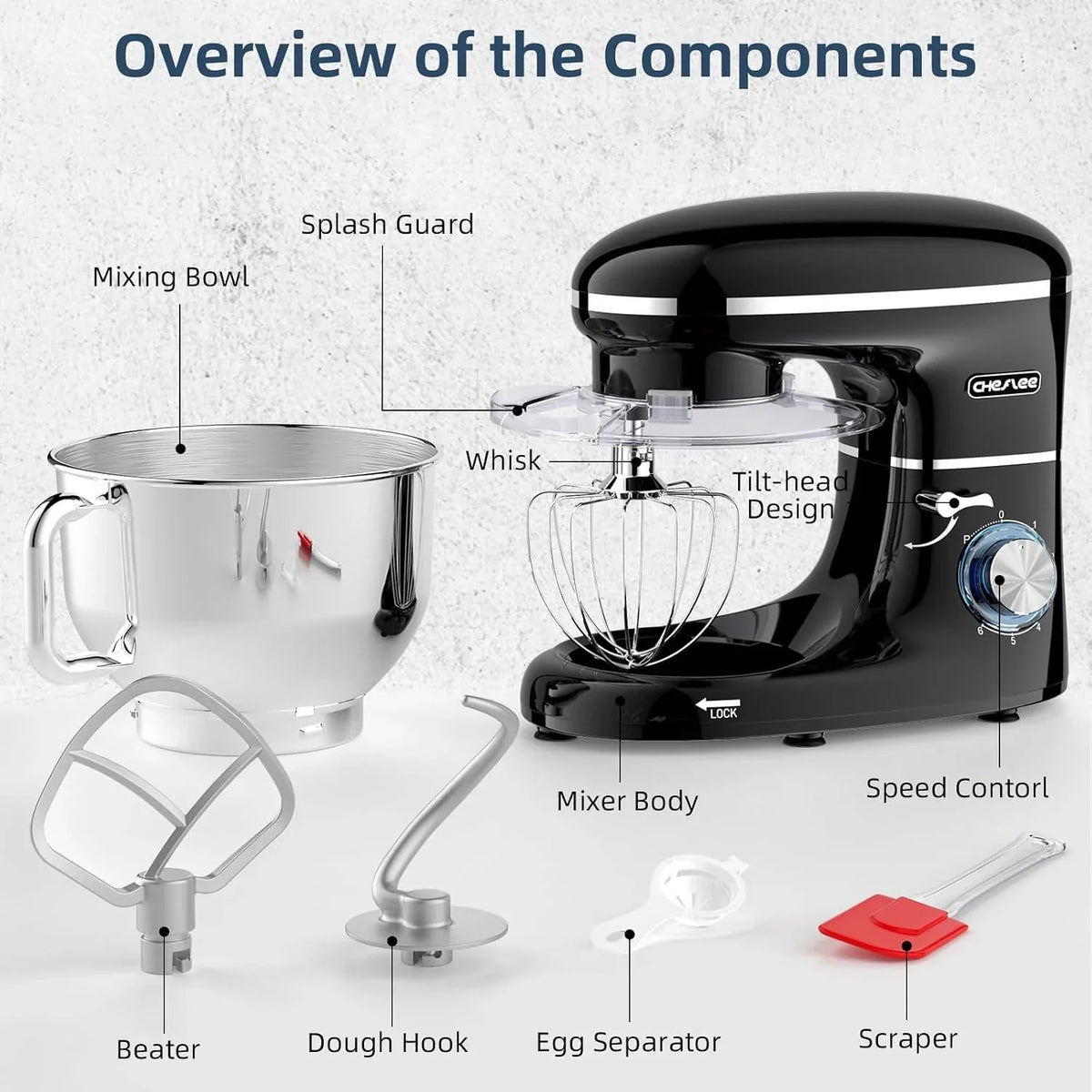CHeflee Batidora Amasadora Profesional,2000W Amasadora Pan Repostería,6.2 L Bajo Ruido Robot de Cocina Multifunción,Gancho para Masa,Batidor Plano,Protección para Salpicaduras 6 Velocidades Batidora