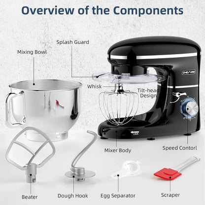 CHeflee Batidora Amasadora Profesional,2000W Amasadora Pan Repostería,6.2 L Bajo Ruido Robot de Cocina Multifunción,Gancho para Masa,Batidor Plano,Protección para Salpicaduras 6 Velocidades Batidora