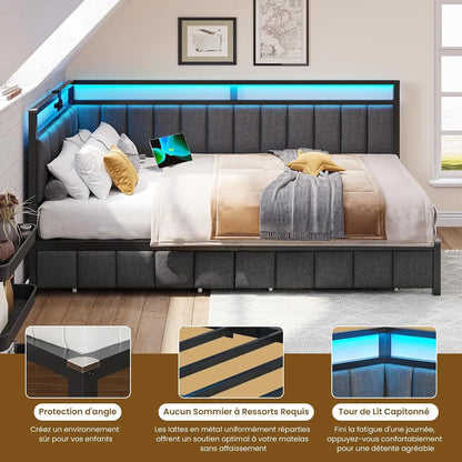 DICTAC Upholstered Bed Sofa Bed 90 x 190 cm with LED Lighting and USB Socket, Youth Beds with 2 Storage Drawers, Bed Frame 90 x 190 cm with Metal Slatted Base, Dark Grey