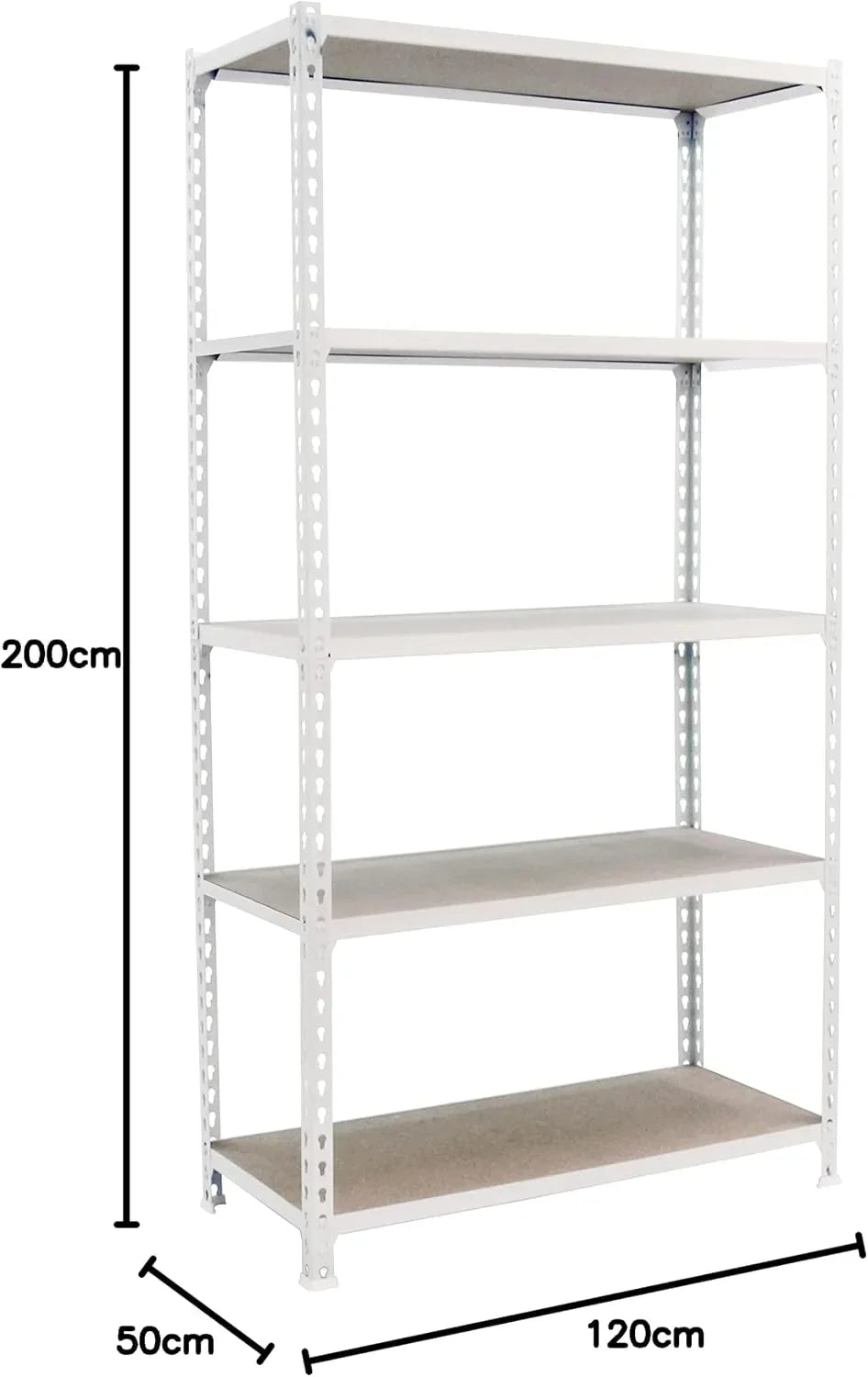 SimonRack Estanteria Metalica, 5 Baldas Madera Ajustables, 200 kg de Punto Flexión, 2000x1200x500 mm, Estantería Almacenaje, Sin tornillos, Blanco/Madera - Maderclick