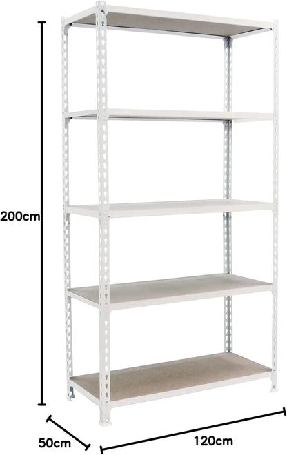 SimonRack Estanteria Metalica, 5 Baldas Madera Ajustables, 200 kg de Punto Flexión, 2000x1200x500 mm, Estantería Almacenaje, Sin tornillos, Blanco/Madera - Maderclick