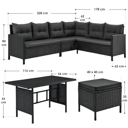 2025 Conjunto de jardín de resina trenzada Manacor negro con mesa, 2 pufs y cojines gris oscuro