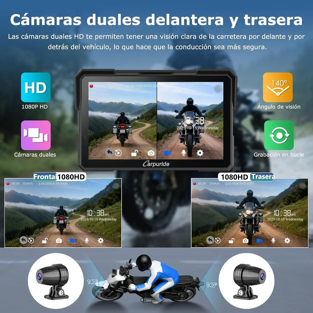 Carpuride W702 Plus Android 14 Motocicleta Carplay Pantalla con Doble Cámara, CarPlay y Android Auto Inalámbricos,7" Pantalla Táctil Impermeable, Audio BT,Grabación Bucle, Navegación Online y Offline.