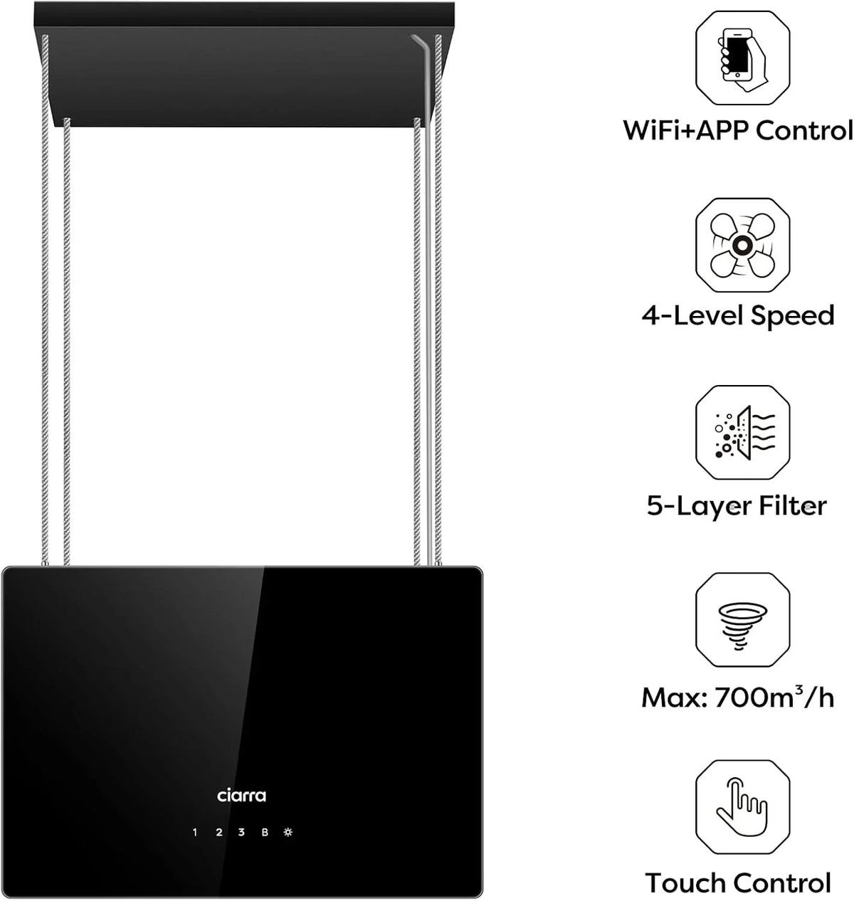 CIARRA CBCB4850 Campana Extractora en Isla sin Salida de Humos Clase A+++ 48cm 700m³/ h WiFi y Control Táctil Filtro de Carbón Incluido 4 Velocidades 2 Luces LED Negro